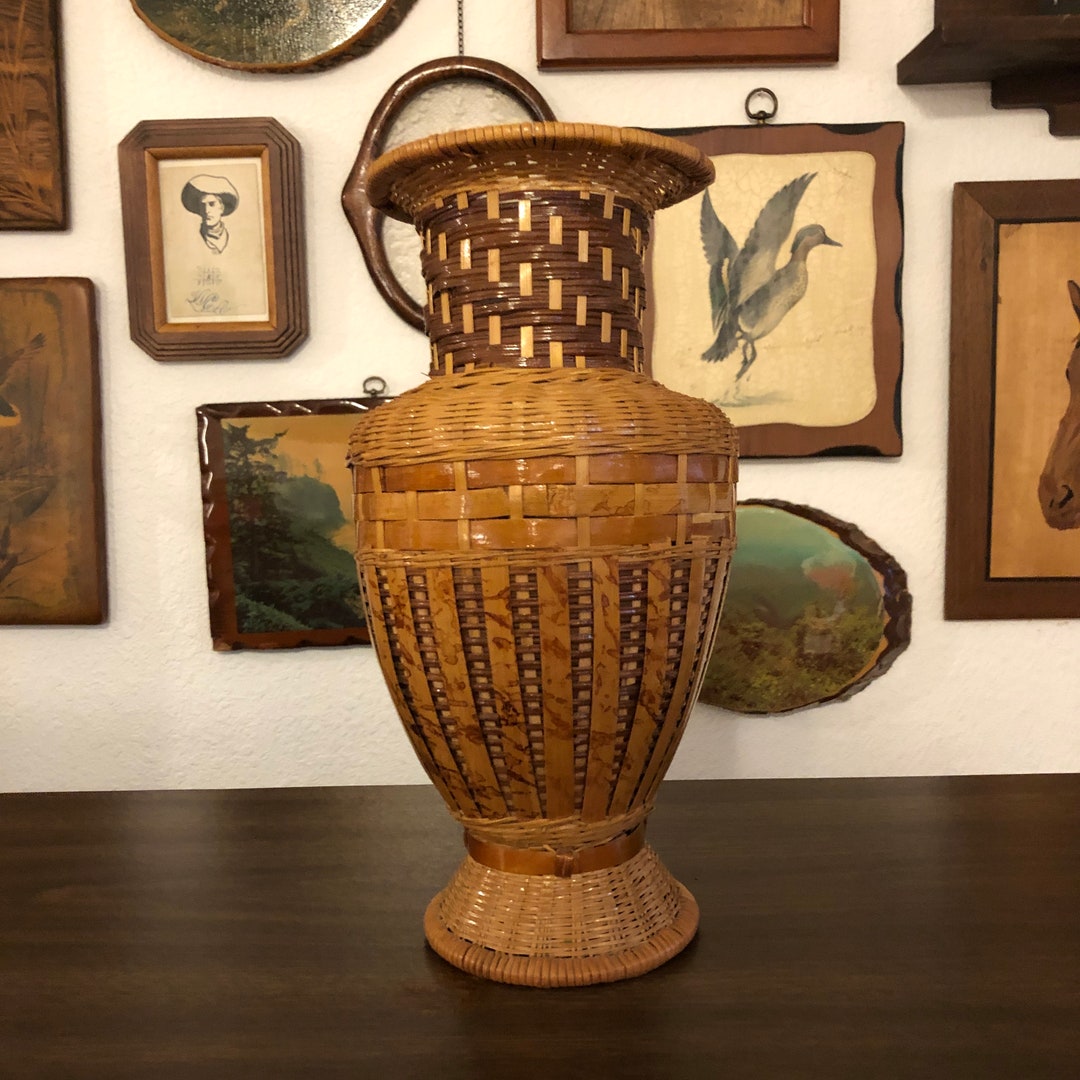 Vintage Wicker Basket Vase Unique Boho Large Rattan Vase Etsy
