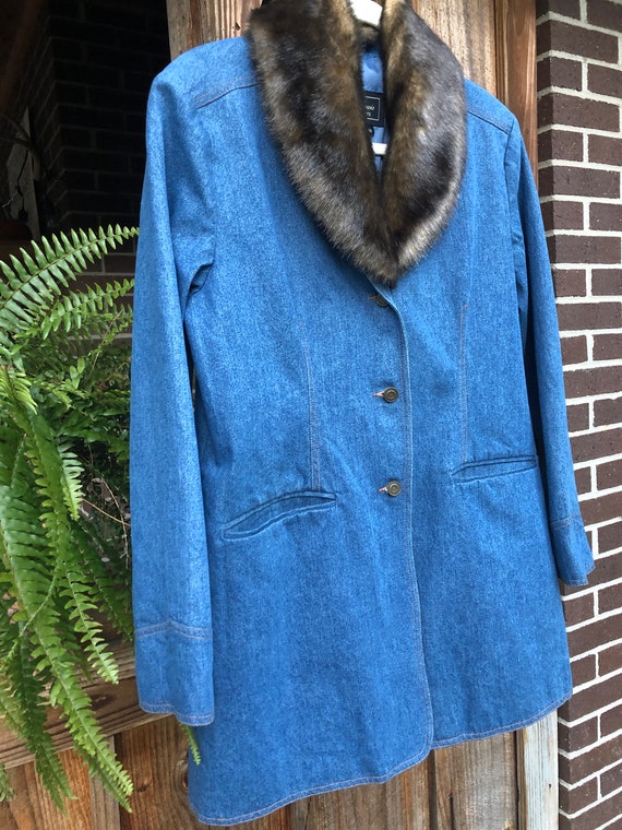 Vintage Denim Faux Fur Collar Coat - image 3