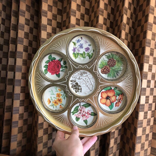 Vintage Mid Century Florida Tin Souvenir Beverage Serving Tray Built in Coasters
