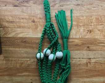 Vintage 70s Green Beaded Macrame Plant Hanger Over 3.5 Feet Long
