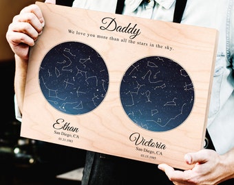 Stars On A Date Fathers Day Gift From Kids For Dad Personalized Star Map Print Wood Gift For Dad From Daughter Son Daddy Constellation Wood