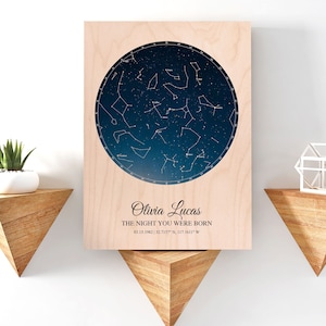 Nuevo regalo de bebé personalizado, decoración de guardería, mapa de estrellas personalizado, nuevo regalo para padres, nuevo regalo de mamá, artículos más vendidos madera, constelación de bebé imagen 1