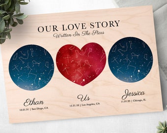 Personalized Star Map 3 Location Print On Wood Valentines Boyfriend Gift For Him Night Sky Chart First Day Yes Day Best Day Our Love Story