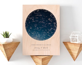 Star Map On Wood, Personalized Constellation Map, Custom Night Sky, Stars On Wedding, Celestial Map Art, Stars Chart Anniversary Gift