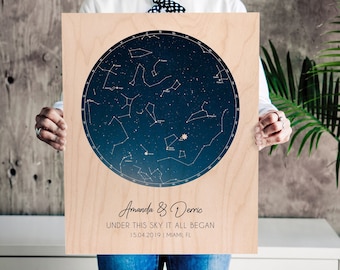 Custom Night Sky Star Map By Date - Personalized Star Map On Wood Anniversary Gift Star Map Print Wedding Gift 5th Anniversary Gift For Him