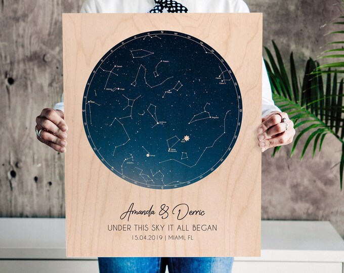 Custom Night Sky Star Map by Date - Personalized Star Map on Wood ...
