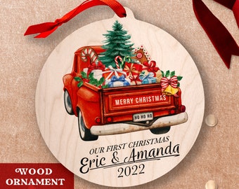 Red Truck Ornament Our First Christmas Married Wooden Ornament Mr and Mrs Wedding Ornament 2023 Couple Personalized Just Married Ornament
