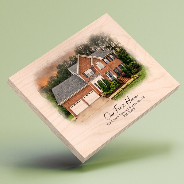 Custom Home Portrait Housewarming Gift First Home Gift Drawing From Photo Watercolor House Print On Wood New Home Personalized Gift