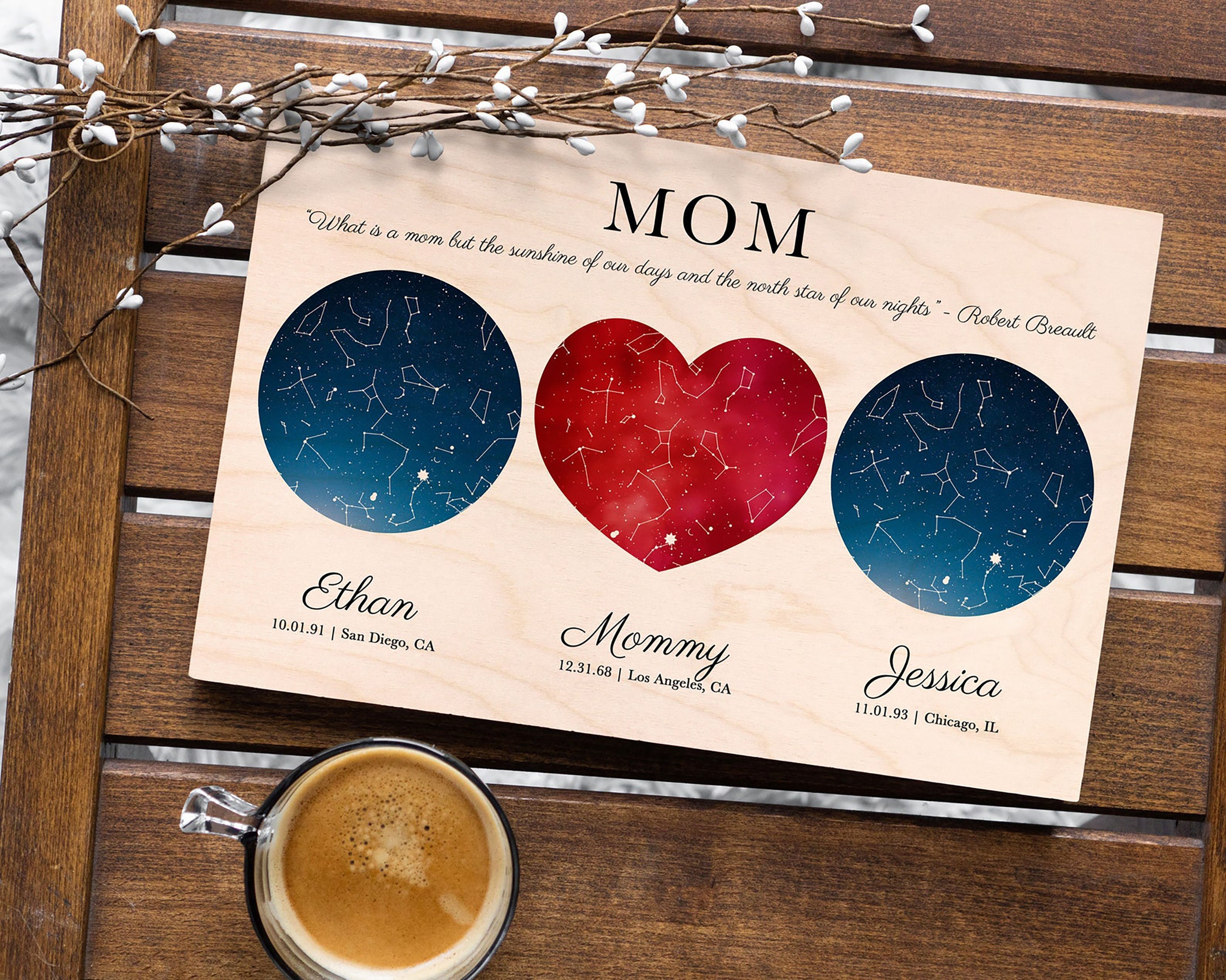 Cadeau personnalisé pour la fête des mères pour maman des enfants Ciel nocturne par date Carte des étoiles de la fête des mères Cadeau Carte des constellations Carte 3 étoiles Ciel nocturne