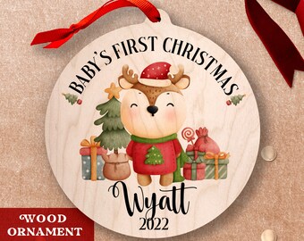 Personalized Baby Ornament - New Baby's First Christmas Ornament Deer Woodland  My First Christmas Wooden Ornament - Gift For New Parents