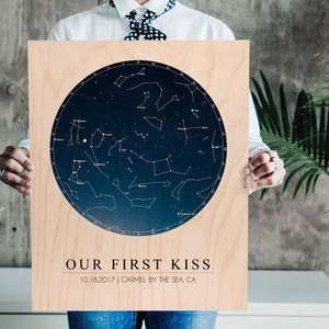 Custom star map showing the night sky on a date, printed on a high-quality wooden plaque. A personalized star map shows the constellations, stars, and planets. The text below is customized as well and shows names, dates and personal quotes.