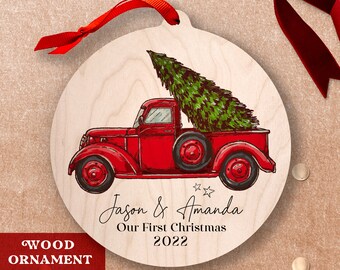 Truck Ornament Our First Christmas Together Personalized Engagement Wooden Ornament for Couple Mr and Mrs First Christmas Engaged Keepsake