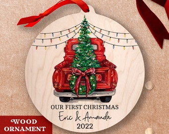 Our First Christmas Red Truck Ornament Married 2023 First Christmas Together Personalize Couple Ornament Wooden 1st Christmas Married Mr Mrs