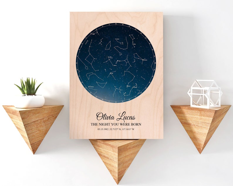 Nuevo regalo de bebé personalizado, decoración de guardería, mapa de estrellas personalizado, nuevo regalo para padres, nuevo regalo de mamá, artículos más vendidos madera, constelación de bebé imagen 1