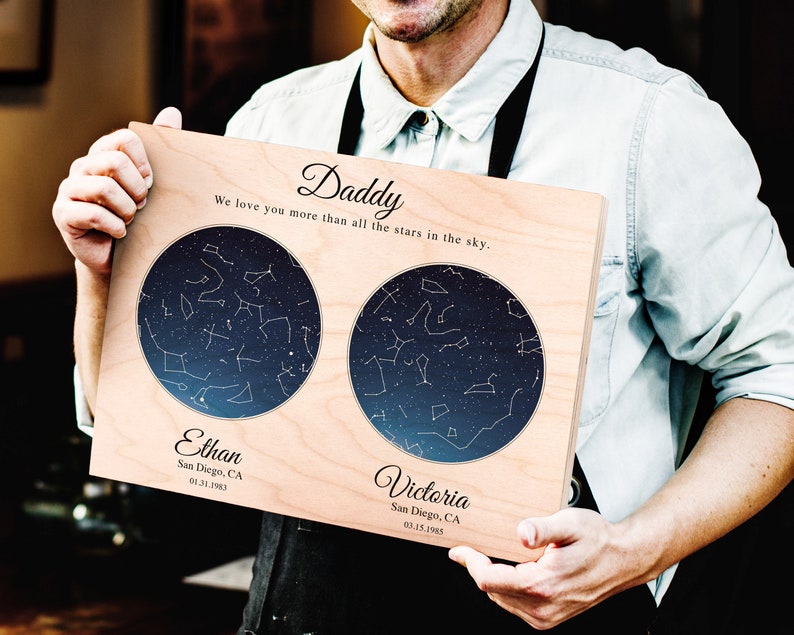 Stars On A Date Fathers Day Gift From Kids For Dad Personalized Star Map Print Wood Gift For Dad From Daughter Son Daddy Constellation Wood 