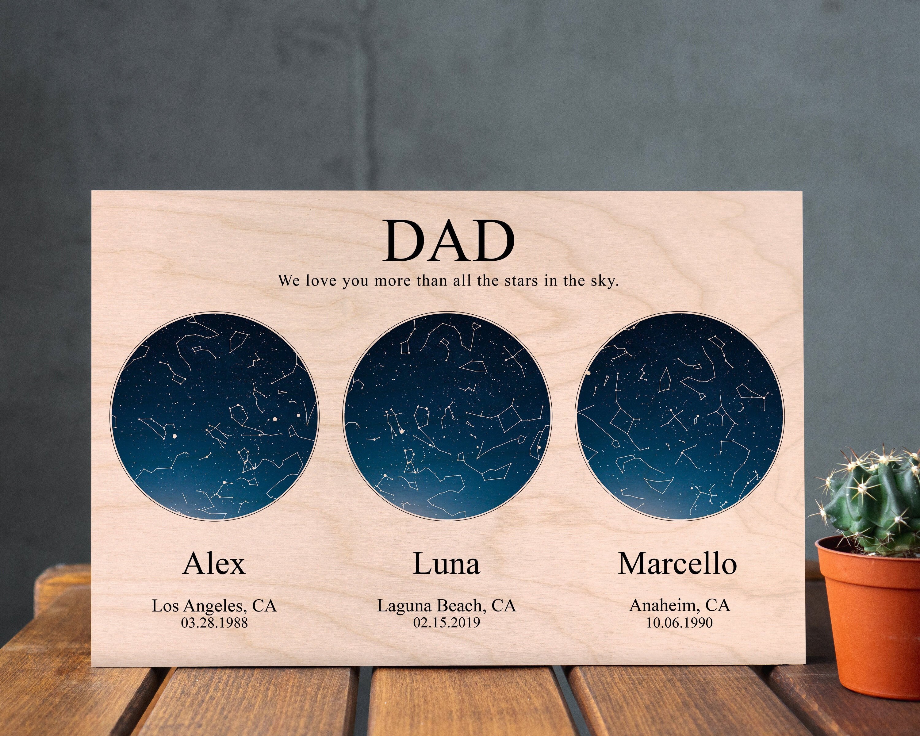 Custom Night Sky Christmas Gift For Father From Kids Personalized Gift For Dad Star Map Print Gift From Children to Daddy Constellation Wood