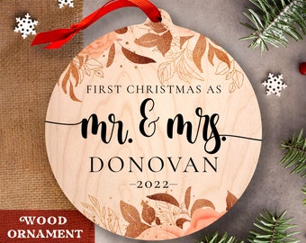 Mr and Mrs Ornament - Our First Christmas Married Ornament Anniversary Gift Wood Wedding Gift For Couple Personalized Just Married Ornament