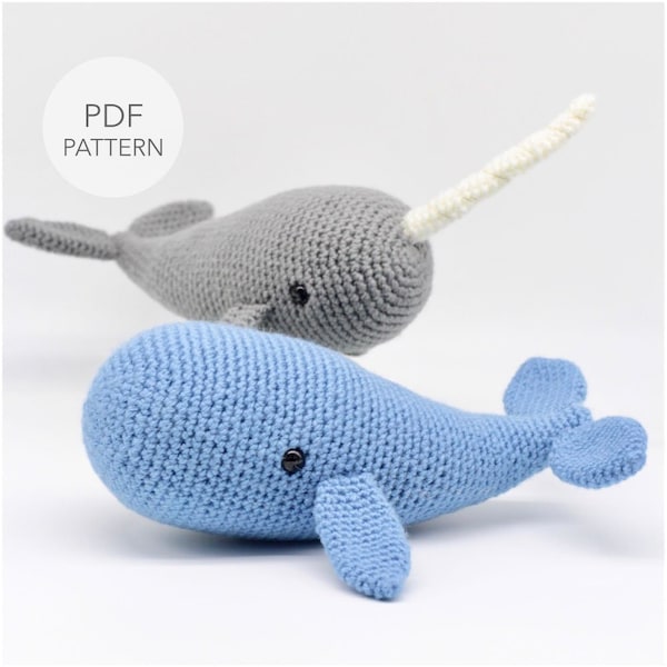 Crochet Amigurumi Whale and Narwhal PATTERN ONLY, Barney and Nina pdf Stuffed Animal Toy Pattern ENGLISH only