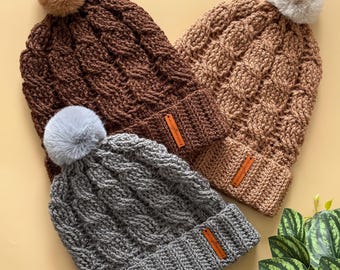 Handmade Crochet Cable Beanie Various Colours Textured Hat for Adults and Teens