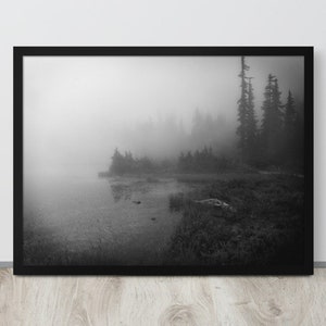 Black and white wall art, Pacific Northwest wall art framed, foggy forest and lake poster, black and white forest photo, forest wall art