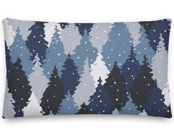 Blue and White Forest Lumbar Throw Pillow, rustic home décor for bedroom and living room, cabin and lodge décor, forest camouflage pattern