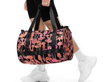 Mushroom Print Medium Sized Duffle Bag, removable padded shoulder strap, travel gym and luggage tote, weekender overnight duffle bag