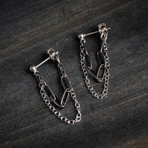 Drop Chain Earrings/Sterling Silver Chain Stud Earrings/Edgy Modern Earrings