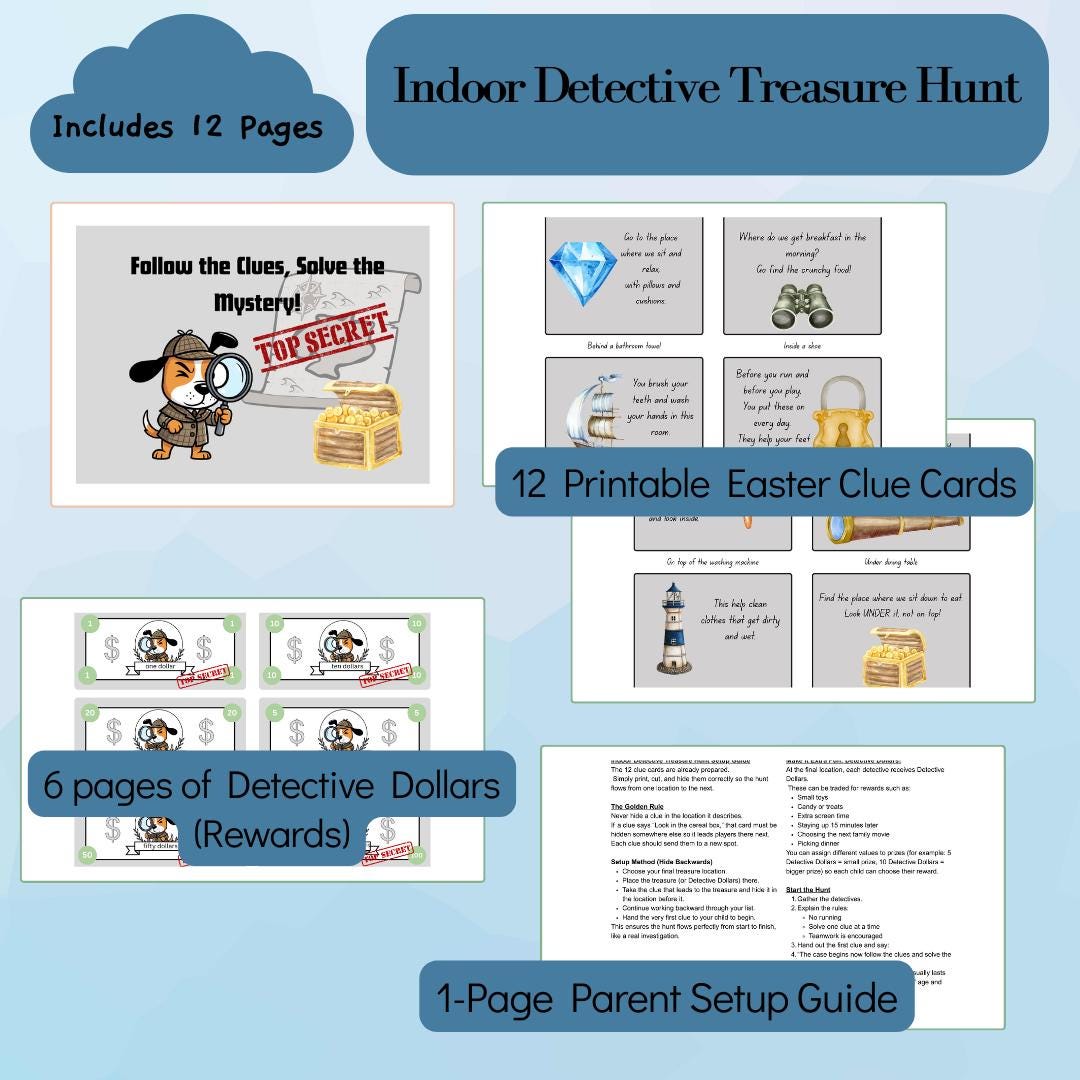 Indoor Detective Treasure Hunt for Kids | Printable Clues & Rewards ...