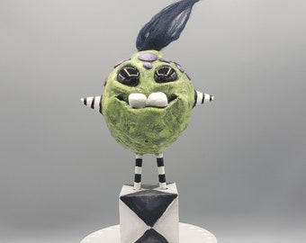 Green monster big hair underbite paper clay sculpture handmade ooak art doll art toy cute gift Christmas birthday holiday live laugh love