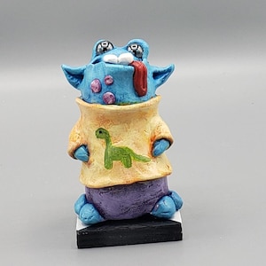 monster, tongue out, dinosaur shirt, art, artsplosion, cute, sculpture, funny, clay, air dry, acrylic paint, humor, gift