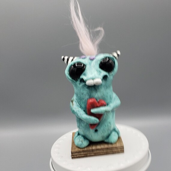 Valentine Monsters Holding Heart Sculpture Cute Handmade Art Toy