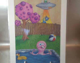 Pool Party -print. Art print. Monster art . UFO. Octopus art.