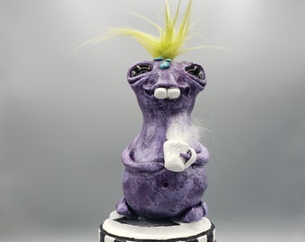 Coffee monster bad mornings arttoy artdoll purple sculpture air dry clay paper clay overbite handmade