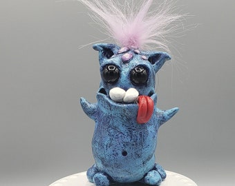 Blue monster faux fur tongue out art doll art toy big ears underbite cute sculpture figurine happy funny humor handmade