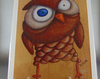 Come At Me, Bro, owl, grumpy, art, print, colored pencil, wood, drawing