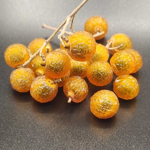 May include: A cluster of small, round, golden-orange fruits with textured surfaces, attached to a thin, brown stem. The fruits are arranged on a dark gray background, creating a visually appealing contrast.