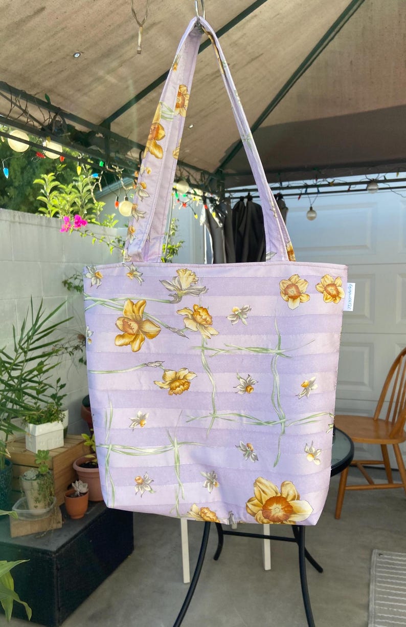 Mini Tote Bag. Lavender With Yellow Flowers Print Handmade From