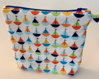 Handmade Zipper Pouch.  Sailboat themed.  Purse organizer - Backpack organizer - Travel accessory - Cosmetic bag