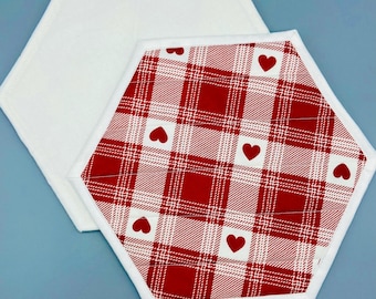 Handmade Potholders: Set of 2. Red Gingham Hearts.