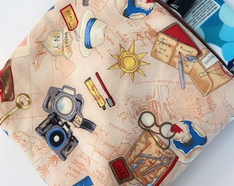 Handmade Padded Zipper Pouch: Travel-Themed Cosmetic & Backpack Organizer