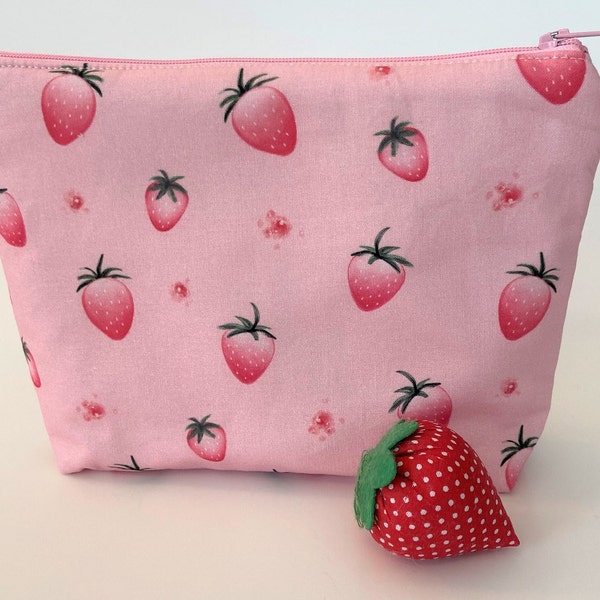 Zipper Pouch, Strawberry - Pink strawberry bag is a great wait to keep your smaller items organized.  Various sizes and ready to ship.