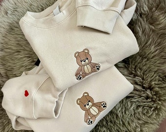 Handgemaakte geborduurde teddybeer geborduurd sweatshirt, schattige beer paar sweatshirt, kawaii beer geborduurde hoodie, paar cadeau