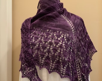 Hand knit shawl, shawlette, scarf, purple, merino wool