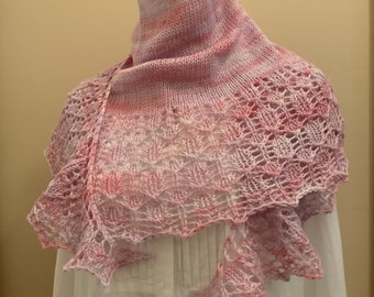 Hand knit shawl, shawlette, scarf, pink, merino wool