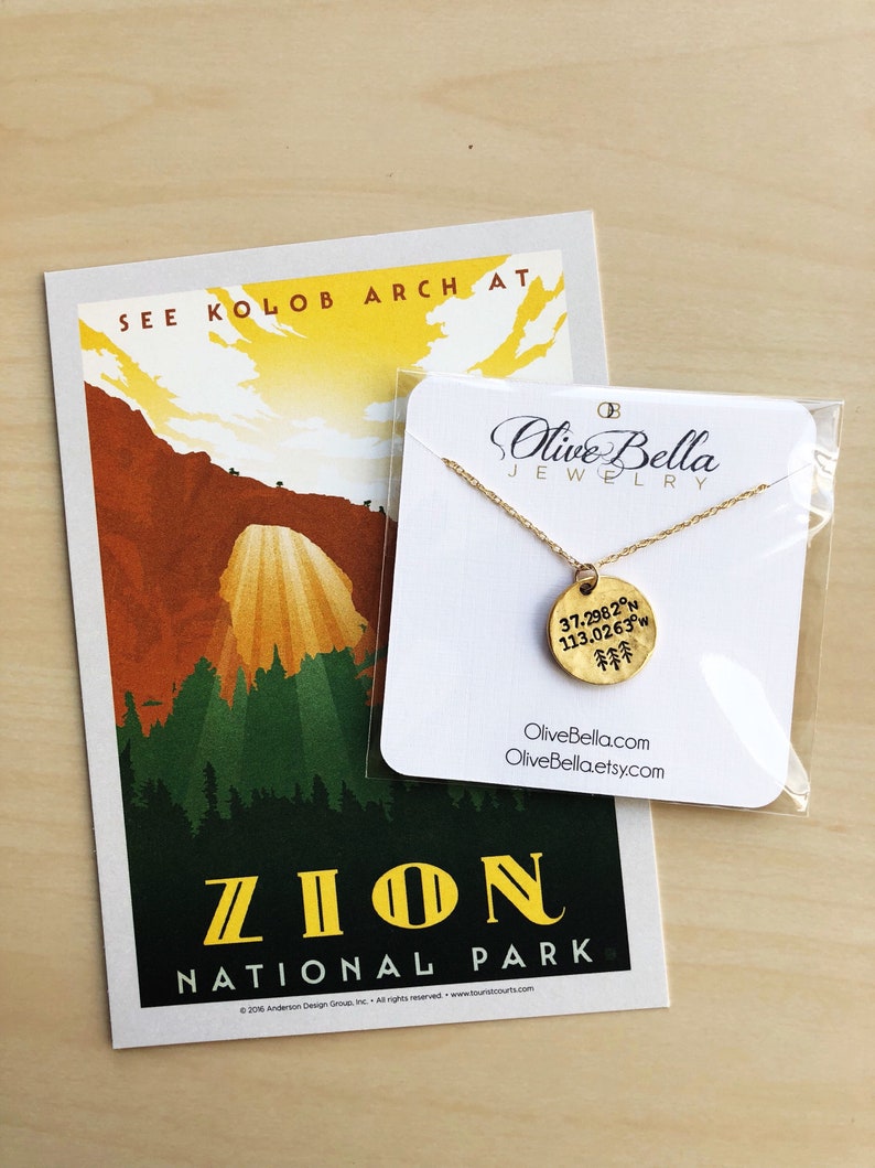 Latitude Longitude,Bridesmaid gift,Wanderlust,Gift for her,National Park,Travel National Park Coordinates Necklace Adventure await Zion
