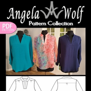 May include: A digital sewing pattern for a tunic top called "The Linda Tunic" by Angela Wolf Pattern Collection. The pattern includes a front and back view of the tunic, which has a V-neckline and long sleeves. The pattern number is #AW1542.