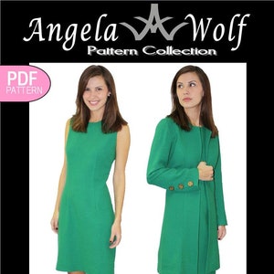 May include: A green dress and matching jacket with a simple, elegant design. The dress is sleeveless and has a fitted silhouette. The jacket has long sleeves and a button closure. The model is wearing the dress and jacket with nude heels. The text "The Evelyn #AW5314 Dress & Jacket" is at the bottom of the image.
