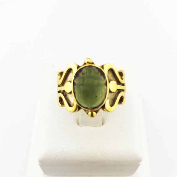 Moldavite Scarab Ring 925 Sterling Silver Dark Green 10.68 Grams Size 8