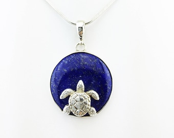 Lapis Lazuli Turtle Pendant Dark Blue 925 Sterling Silver 11.68 Grams