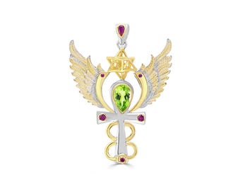 Archangel Raphael Talisman Pendant, Peridot & Rubies, 925 Sterling Silver and 24 kt Gold Plate - Small - Crystal Alchemy ®